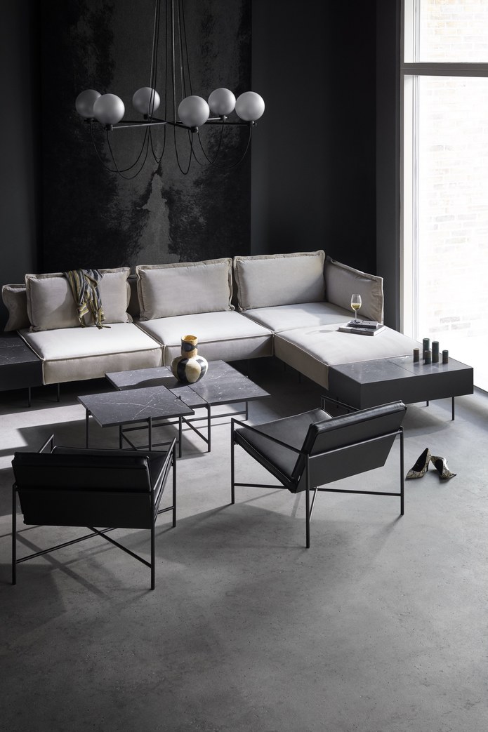 Modular Sofa, Lounge Chair, CT90. Black, CT60, Globe Chandelier, Spine Rug
