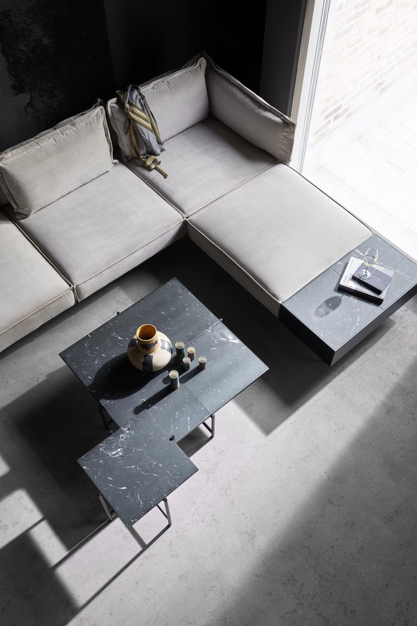 Modular Sofa Sapphire Velvet Sand and Coffee Tables w. Black Marble