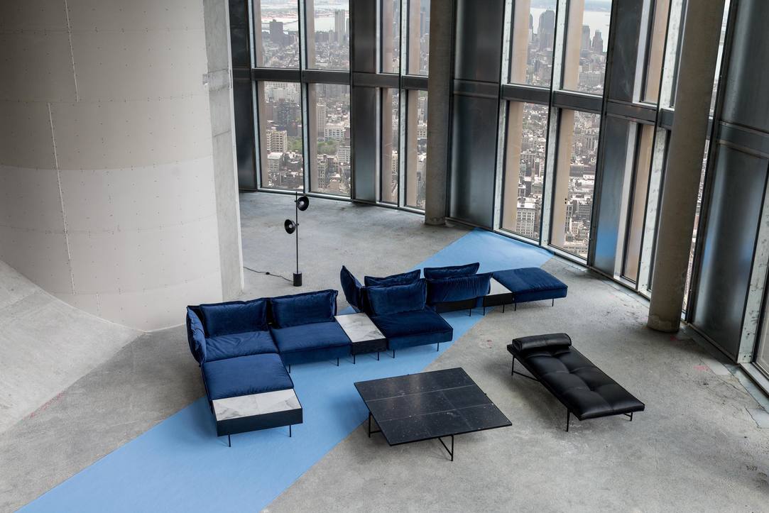 Modular Sofa in Sapphire Velvet Royal Blue, Coffee Table 140 and Daybed