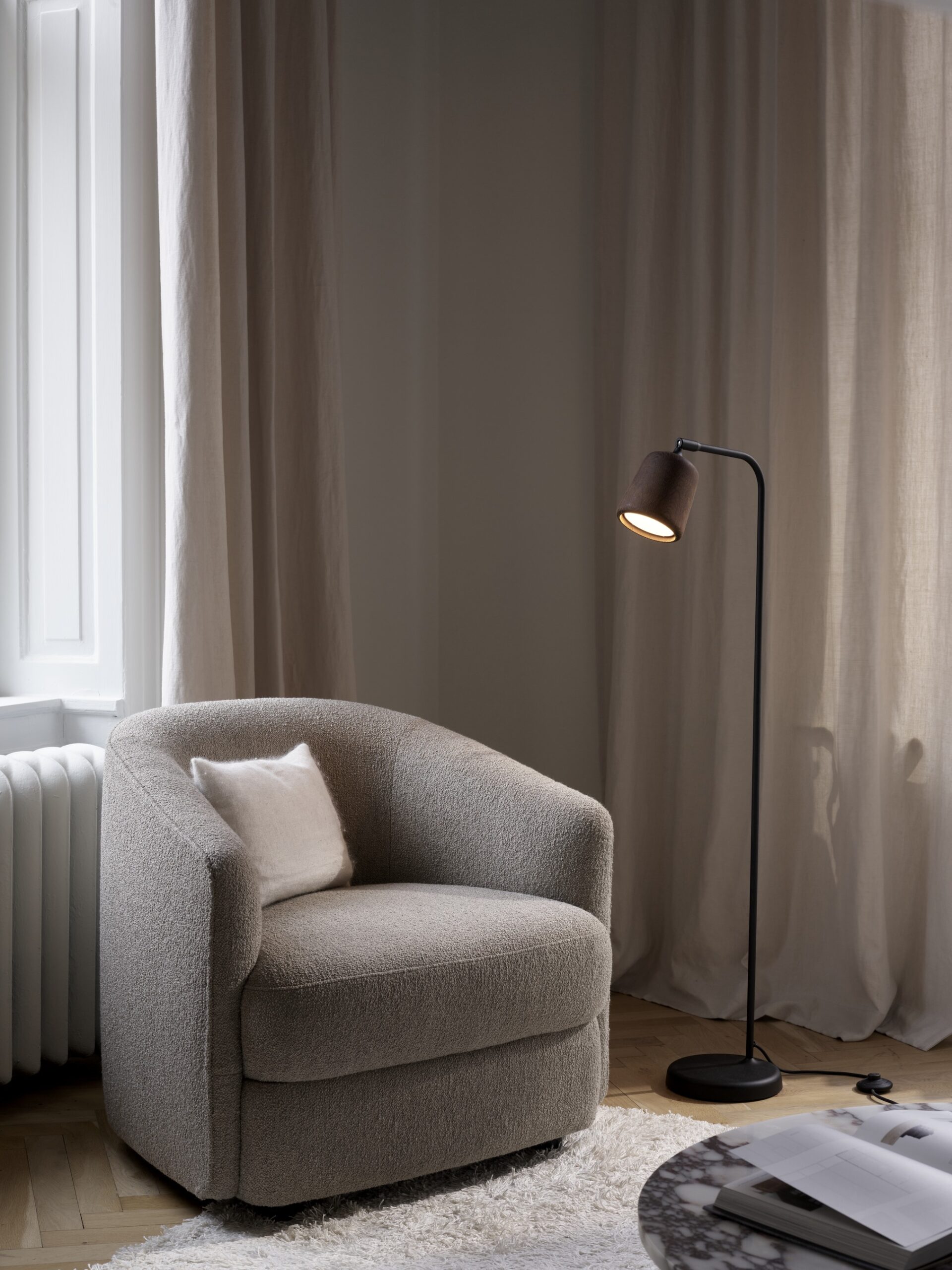 New Works_Spring 2022_Material Floor Lamp_Smoked Oak_Covent Lounge Chair