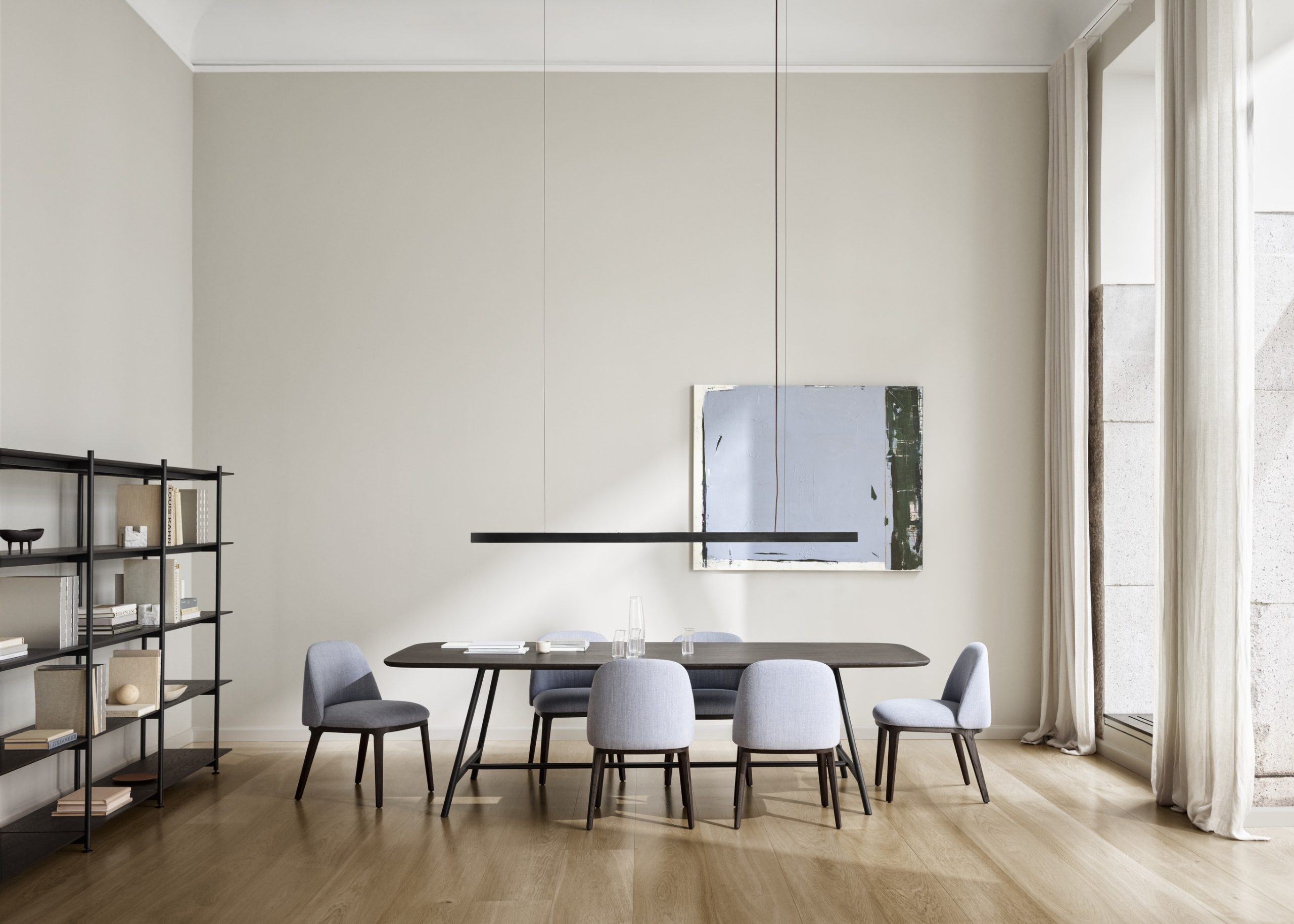 Wendelbo_Vector_Table_270_Dark_brown_stained_oak,_Event_chair_V1_Fiord_2_col._751_Formal_shelving_300_dpi