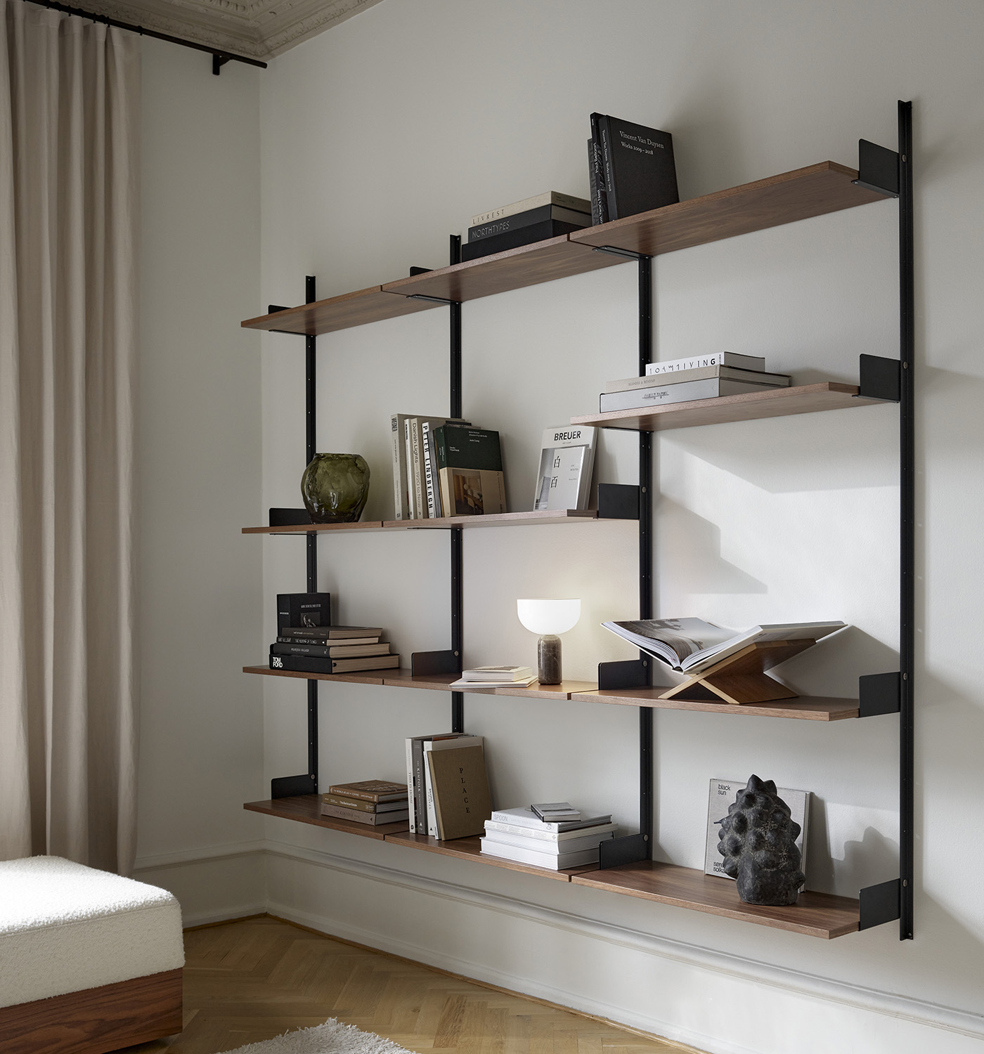 New_Works_Spring_2022_Kizu_Portable_Table_Lamp_Gris_du_Marais_New_Works_Wall_Shelf_Black_Walnut_3